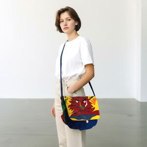 VTG Rare Carlos Falchi Crossbody Bag Leather/Canvas Colorful Tiger Artsy Retro